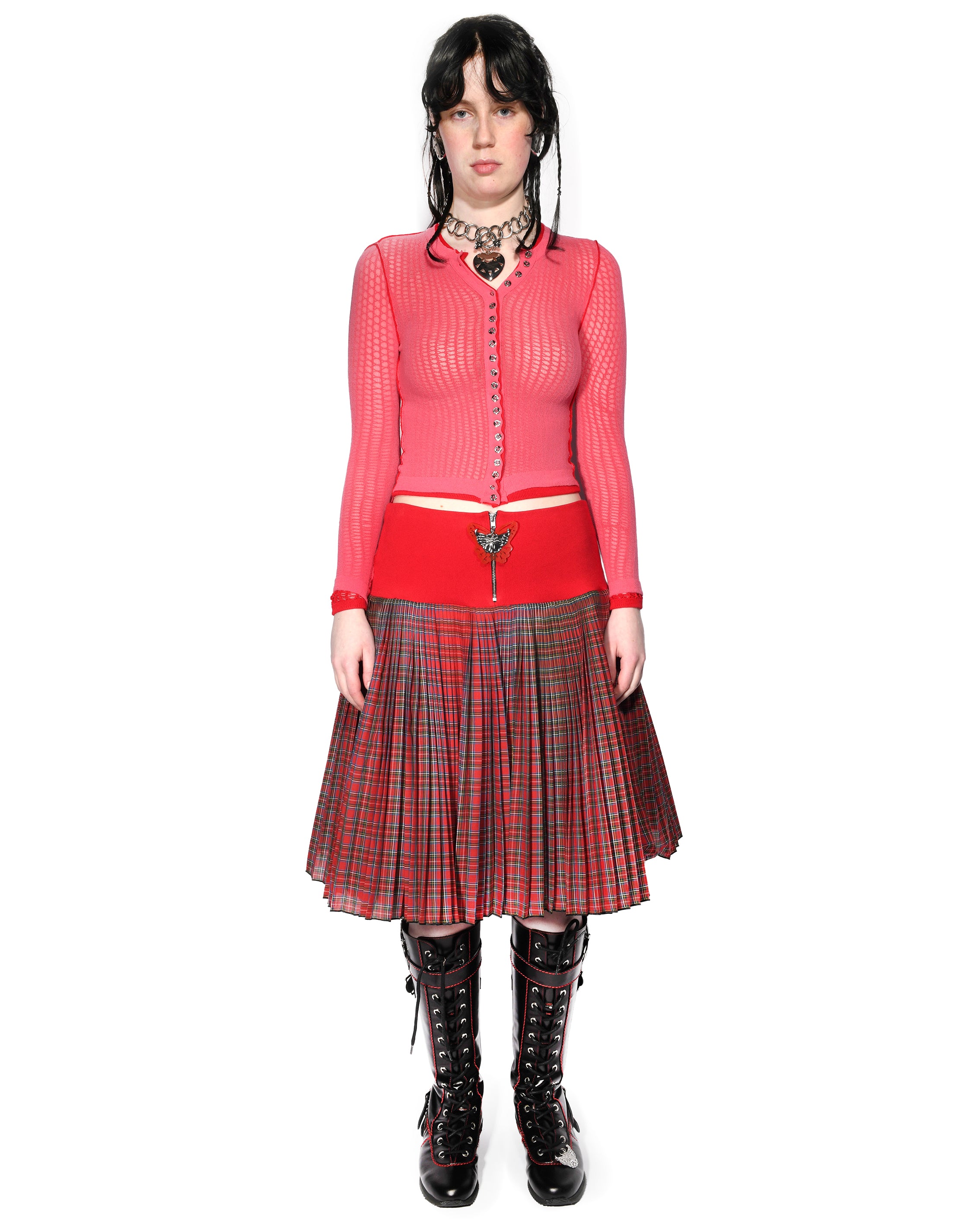 Fret Red Knitted Pleated Knee Skirt