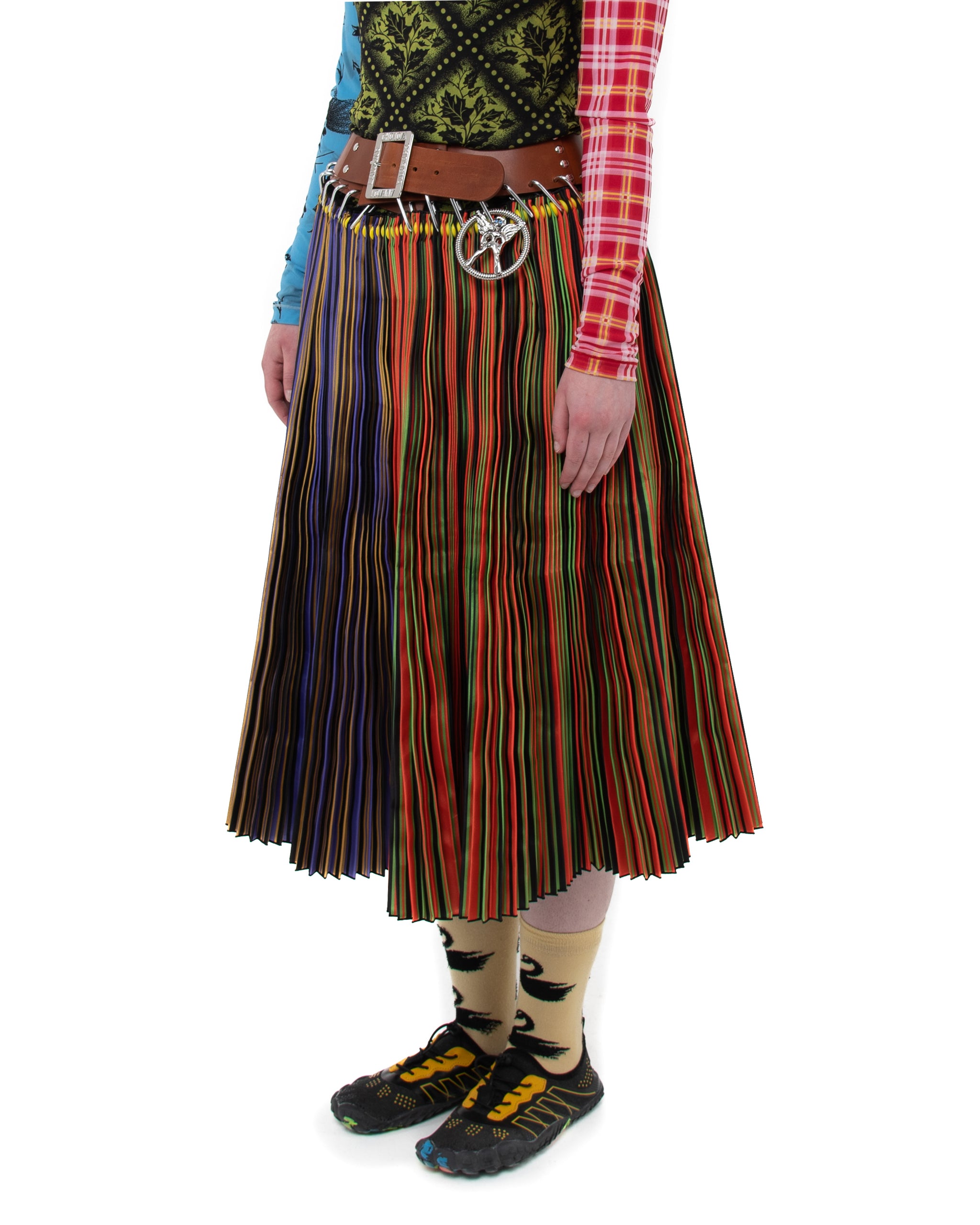 Brown Belt Stripe Midi Skirt