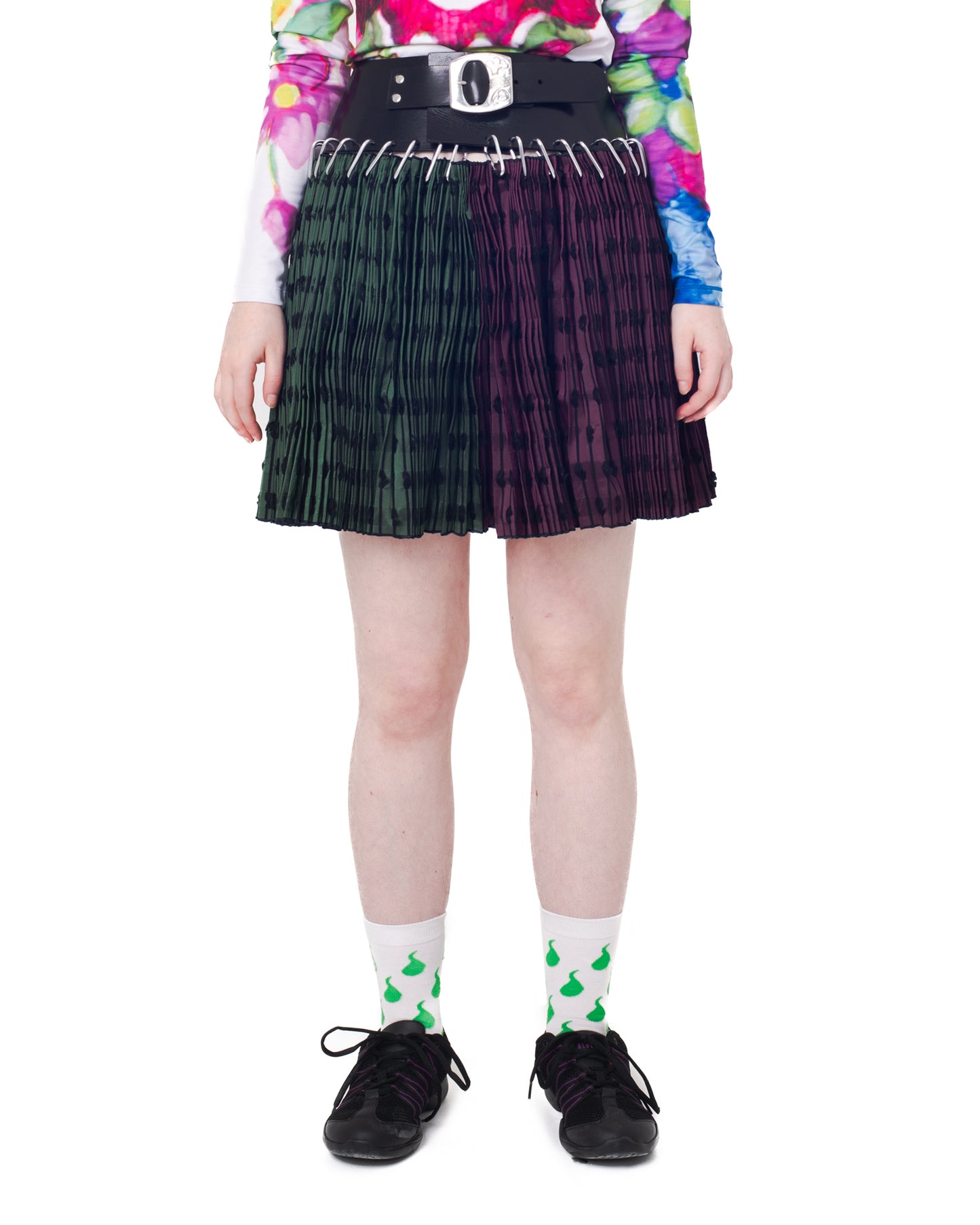 Pink and Green Split Mini Skirt