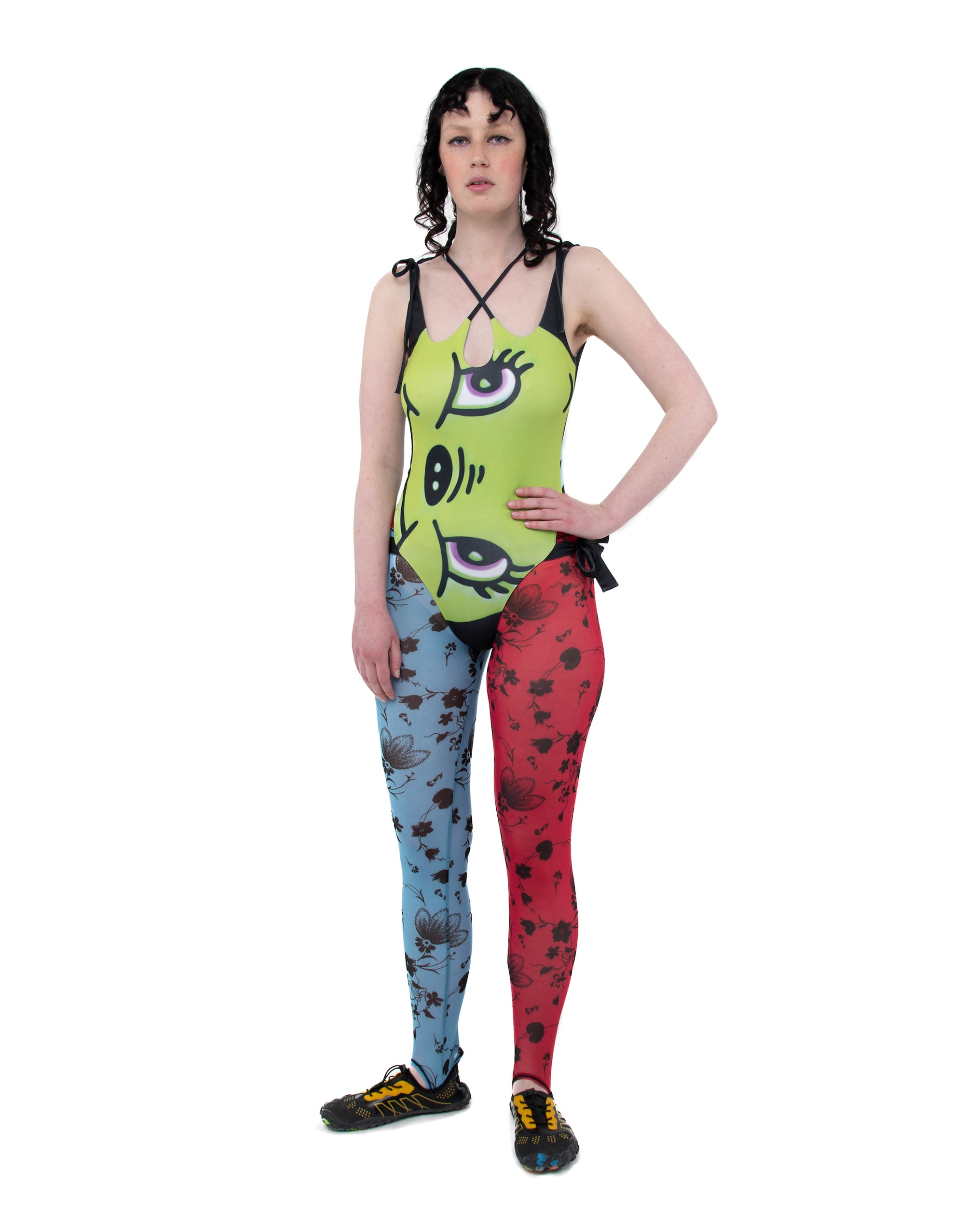 Blue and Red Floral Mesh Leggings