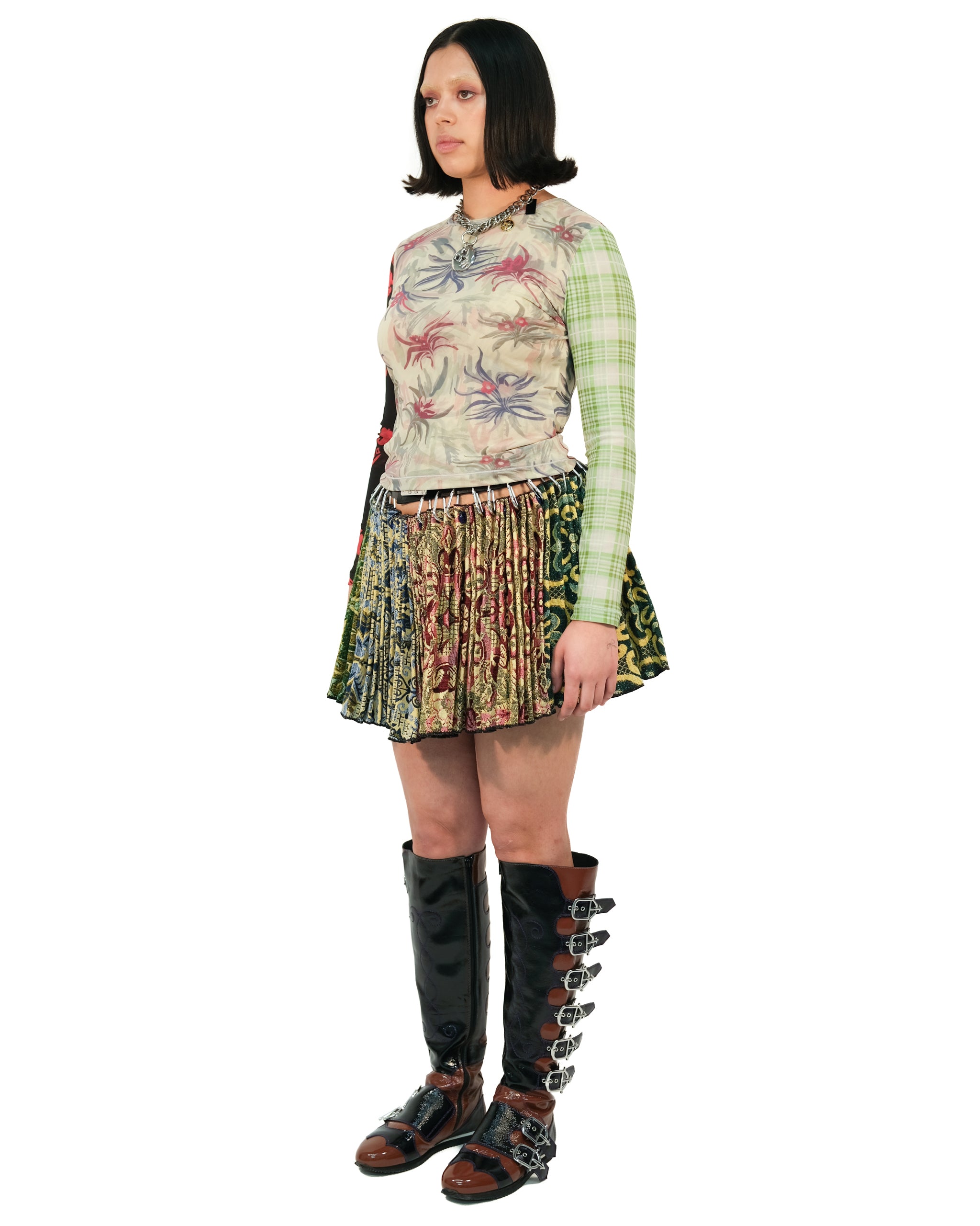 Floral Plaid Fitted Mesh Top