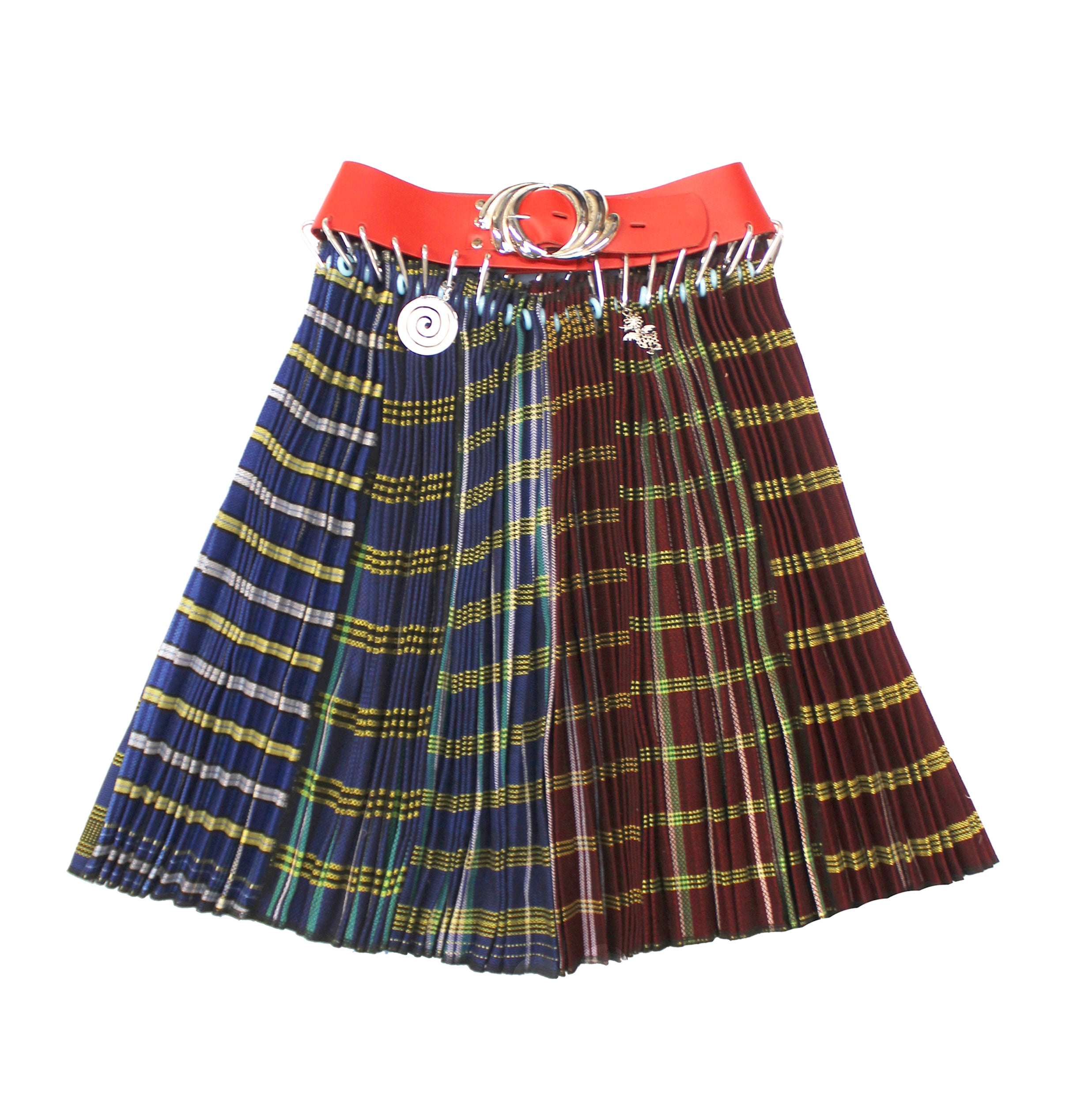 Half Red Half Blue Midi Skirt With Red Belt