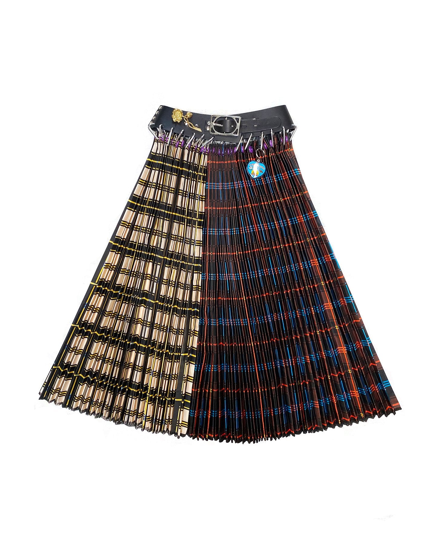 Brown and Blue Split Plaid Midi Skirt